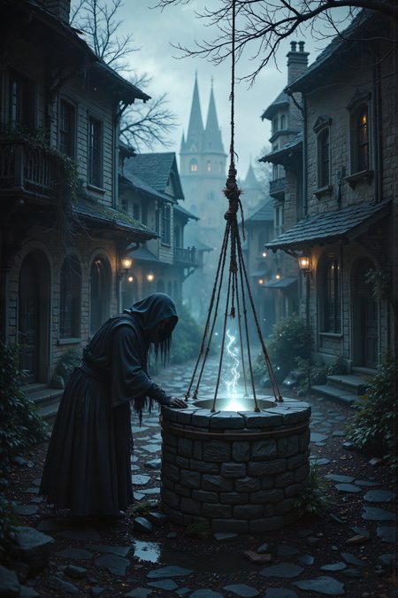A hyper-realistic portrait, photorealistic photo close-up image of In the middle of an abandoned village, shrouded in thick fog, a stone well stands at the center of the square, its rope frayed and ancient, hanging limp in the damp air. A single figure in a long, tattered cloak crouches at the edge of the well, peering down into the inky blackness below, their breath visible in the cold, still air. The surrounding buildings, once vibrant and alive, are now crumbling and overgrown with vines, their windows dark and hollow like the eyes of forgotten ghosts. The wind whispers softly through the empty streets, carrying with it the faint sound of distant voices that seem to come from nowhere and everywhere at once. The figureâs hand hovers over the wellâs edge, fingers trembling as if afraid to touch the stone, while faint, glowing runes flicker along the wellâs ancient surface, pulsing with a strange, otherworldly light. Above, the sky is a dull, leaden gray, and the faint outline of the sun struggles to break through the thick fog, casting the village in a perpetual twilight. The well seems to radiate a cold, magnetic pull, as though it hides something far deeper than water, something forgotten by time yet aching to be found. The figureâs hesitation is palpable, as though they sense the weight of the mystery that lies just beyond the darkness below. (photography, high-resolution, dynamic, energetic,hyper-realistic, dramatic lighting, shallow depth of field.), detailmaximizer, MythP0rt<lora:midjourney_whisper_flux_lora_v01:0.55><lora:aidmaMJ6.1-FLUX-V0.1:0.4><lora:FluxMythP0rtr4itStyle:0.4><lora:detailed_flux_ntc:2.2><lora:aidmaImageUpgrader-FLUX-V0.1:0.65>