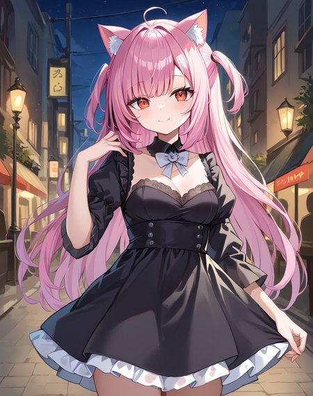 mikeneko, mikeneko_neko_short, pink hair, long  hair, red eyes, virtual youtuber cat ears,  long sleeves, mikeshort clothes, detached collar, black dress, short sleeves, BREAK outdoors,city street, night BREAK sexy pose, looking at viewer, sexy face, sexy smile, cowboy shot, dynamic pose, BREAK score_9, score_8_up, score_7_up, source_anime ,zPDXL, perfect hand,<lora:Mikeneko:0.8>