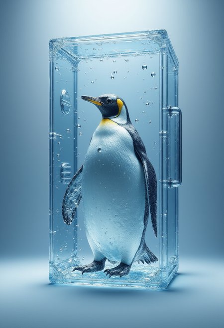 a transparent refrigerator made out of ck-wtr, inside there is an Emperor Penguin