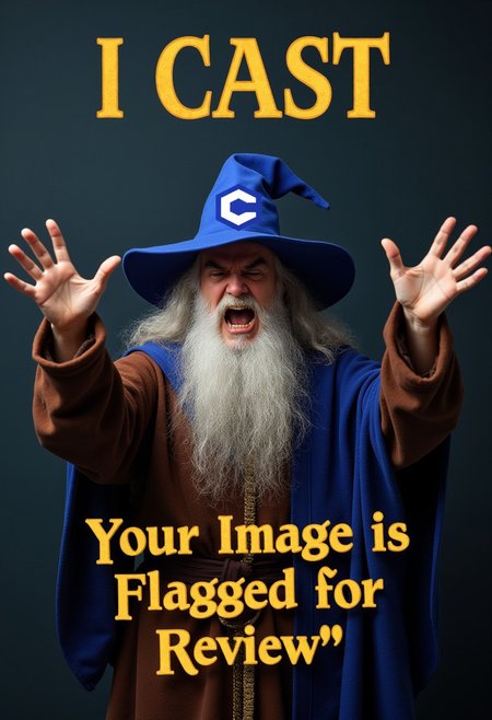 A photorealistic wizard in traditional robes, with a long flowing beard and pointy hat featuring the Civitai logo, is casting a spell with intense focus. His face is contorted in anger and frustration, looking at viewer.  At the top of the image, in bold magical text, it says 'I CAST'. At the lower-middle of the image, magical, runic text, it reads ""Your Image is Flagged for Review"". civitaiLogo