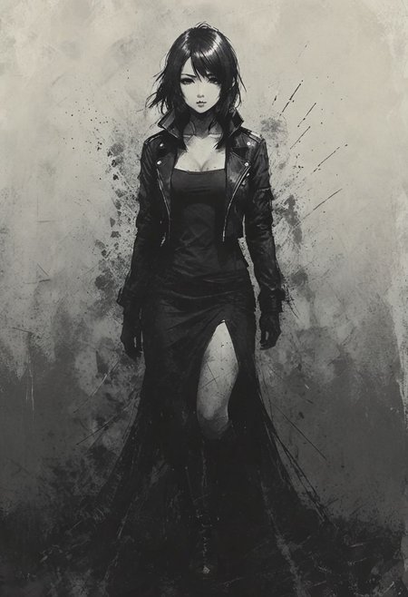 Full body woman, Anime-esque, stylized, two tone art, scratchy, scribbled art style, edgy art style, dark