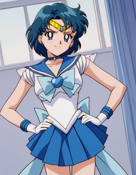 score_9, score_8_up, score_7_up, source_anime, <lora:ami-mizuno-supers-movie-ponyxl-lora-nochekaiser:1>, ami mizuno, blue eyes, blue hair, short hair, parted bangs,, back bow, blue bow, blue choker, blue sailor collar, blue skirt, bow, choker, earrings, gloves, jewelry, magical girl, miniskirt, pleated skirt, sailor collar, sailor senshi uniform, skirt, stud earrings, tiara, sleeveless,, indoors, smug, smile, looking at viewer, solo, hands on hips,, cowboy shot, dutch angle