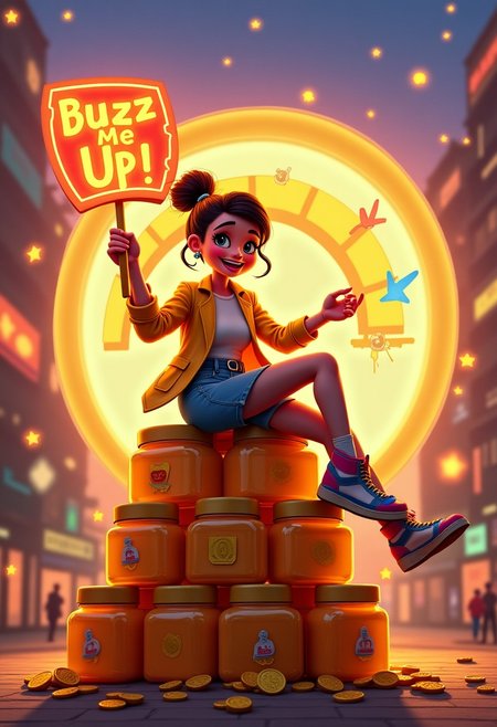 Create a lively, playful scene with a stylish, animated young woman sitting on a towering stack of golden honey jars. She's holding a glowing neon sign that flashes 'Buzz Me Up!' with a mischievous smile and a wink. Dressed in vibrant, trendy clothing with a pop-art vibe, she kicks her legs playfully, surrounded by floating coins and glowing stars. A whimsical 'Buzz-O-Meter' behind her glows, half-filled, with colorful sparks flying from it, as if begging for more energy. The scene is set in a fun, animated cityscape bathed in sunset hues, with soft neon lights illuminating the scene. The overall atmosphere should be humorous, energetic, and full of color, with the woman's charming expression drawing viewers in to keep the buzz going.