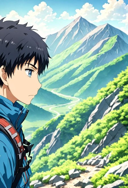 high resolution, solo, best quality, 1Boy, Arata Kaizaki, Black Hair, Blue Eyes, landscape, looking away, high mountain, hiking gear, shallow depth of field, OverallDetail