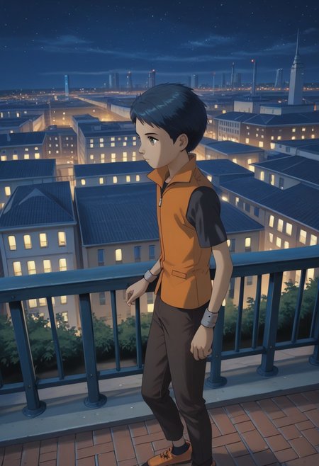 score_9, score_8_up, score_7_up, score_6_up, masterpiece, best quality, amazing quality, best aesthetic, absurdres, intricate details, detailed face, henry wong, blue hair, grey eyes, orange vest, black shirt, grey wristbands, dark brown trousers, black socks, standing on the balcony of the apartment, high above the city, his upper body leaning against the railing, side view, ultra highres, depth of field, chromatic aberration, caustics, Broad lighting, natural shading, outdoors, street, night, city lights, detailed buildings, bustling streets,