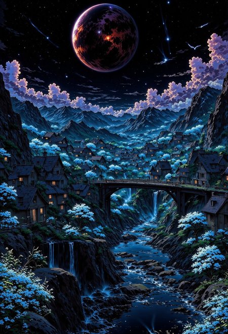 AnimeSky style, anime style, VibrantGlow style, high lighting, high quality, advanced quality render, high resolution, 4k,  Valley of small snowy mountains, with various small medieval houses around, with a river that emanates a little light and steam that reaches the horizon, with a large bridge, with light clouds and a sunset of purple and blue tones, completely dark sky that has a planet with a ring of considerable size with reddish colors that emanates its own light covered by some clouds, stars, shooting stars, silhouettes of birds in the sky, magical luminescent plants that fill the valley and cherry trees