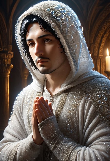 cinematic portrait, a man with hood praying statue made_of_bubbles, statue of torithor(1boy, bara, short hair, black hair, brown eyes, facial hair), intricate carvings covered with flower, dim candlelight flickering across weathered features, hyper-detailed fabric folds, volumetric fog, gothic atmosphere, 8k resolution, unreal engine 5, photorealistic, dramatic chiaroscuro lighting, bubbles, colorful bubbles