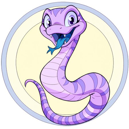 Neopets, circle background, solo, cartoony
cute sea snake in the style of neopets, white and purple stripes, cyan eyes, blue tongue