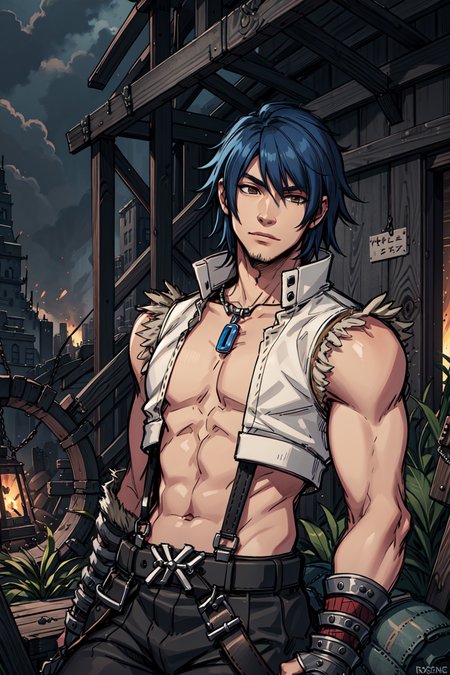 1boy,  whitesmith (ragnarok online), , open clothes:1, fur trimmed shirt, axe, belt,   <lora:age_slider_v2:1>, sleeveless,  suspenders, , ragnarok online:1, fantasy:1,  <lora:whitesmith-ro:0.7>, whitesmith-ro,