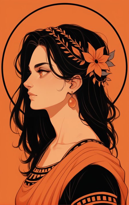 profile portrait,
 <lora:GreekPot-000008:1> greek pottery,
orange background, monochrome, vibrant color, orange eyes,
1girl, dark hair,, score_9, score_8_up, score_7_up, score_6_up, score_5_up, score_4_up, BREAK
