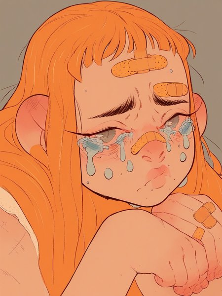 score_9, score_8_up, score_7_up, score_6_up, score_5_up,  <lora:BSXLP:1> bs, 1girl, orange hair, long hair, grey eyes, sad, tears, bandaid,