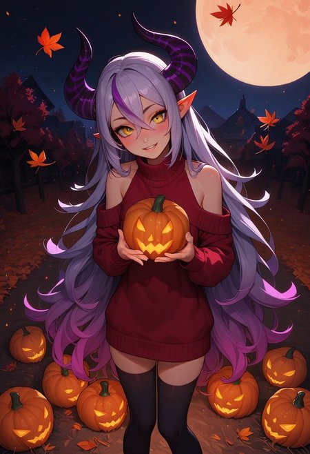 score_9, score_8_up, score_7_up, score_6_up, 
1girl, 25 years old, perfect face, looking at viewer, cute, petite, 
yellow eyes,
demon girl, demon horns, huge horns, striped horns, black horns, purple horns, pointy ears, 
multicolored hair, streaked hair, grey hair, purple hair, long hair, very long hair, hair between eyes, 
red sweater, oversized_clothes, bare shoulders, bottomless, black thighhighs, 
autumn, autumn leaves, pumpkins,
standing, holding pumpkin, 
blush, light smile, 
night, glowing pumpkins, full moon, neighborhood,