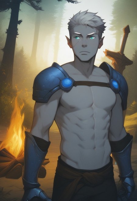 score_9, score_8_up, score_8, score_7_up, male, standing, 25 years old, mischievous, handsome, flirty, dominant, narrow mouth, (half_elf:0.5), dark elf, (((grey skin))), (((short white hair))), short cut sides, ((white eyebrows)), grey ears, pointed_ears:0.5, (pointed human ears), split eyebrow, eyebrow scar on left side of face, ((detailed turquoise eyes)), 1boy, solo, sexy, athletic, abs:0.5, (shirtless, chest strap), shoulder armor, gauntlets, (sword-over-shoulder, weapon over shoulder, crossguard hilt), vox machina style, solo, at night, warlock, fantasy, forest background, (dynamic lighting:1.1), campfire
((masterpiece)),