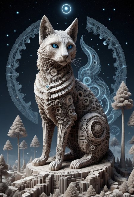 a liquid marble statue of Lunar Anubis (diaphanous lace), cat performing alchemy of etheral symbol quintessence, (one paw raised showing the eye of chemigram:1.1 eye of hamesh (with rays coming out of it), OverallDetail forging cluster astral keys, (negative space tetrahedral trees ((revelation of method,PStyl3 )),, (map QuinnMora, HaroldFiskMeander background:1.4), framesmade of checkerboard layer, , no human, ((sigil of pyramid, sigil of great power, frames cube FancyTurning:1.5), (three planes) X Y Z in occult space