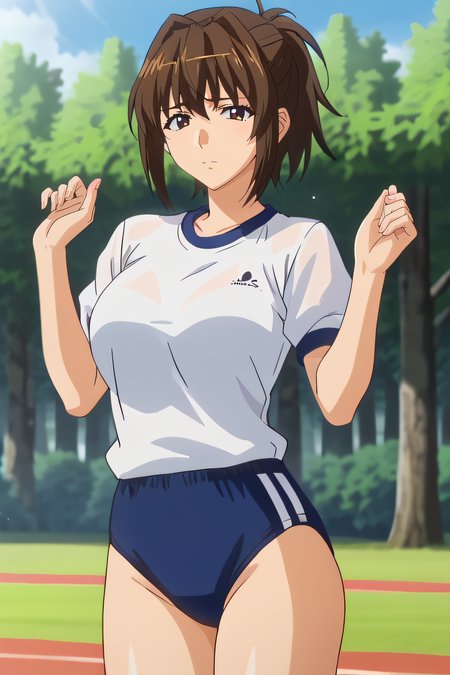 score_9, score_8_up, score_7_up, source_anime, rating_safe, intricate details, official style, anime screencap, 1girl, solo, <lora:Kagami_Sayoko:1>, kagamisayoko, brown eyes, brown hair, ponytail, short hair, large breasts, gym uniform, white shirt, short sleeves, blue buruma, thighs, looking at viewer, sad expression, cowboy shot, outdoor, forest, hands up, embarrased