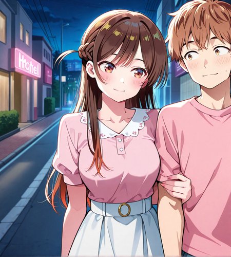 <lora:add-detail-xl:0.5>,,masterpiece, best quality, newest, absurdres, highres, detailed eyes, beautiful, detailed background, perfect eyes, anime coloring, anime screencap,
<lora:sugar_dating:0.5>sugar_datingV1,
girl hooks her arm around the boy’s arm,night, walking,
1girl, 1boy, hetero,  light smile, facing viewer,  
outdoors, love hotel, street,sexually suggestive,
head lying on shoulders, A street lined with love hotels,
BREAK
<lora:kazuya-kinoshita-illustriousxl-lora-nochekaiser:1>, kazuya kinoshita,  brown hair, brown eyes, short hair,
kanojo okarishimasu, official style, 
mizuhara chizuru, long hair, 
skirt, shirt, short sleeves, puffy sleeves, puffy short sleeves, white skirt, pink shirt,
20YO, milf,adult female,