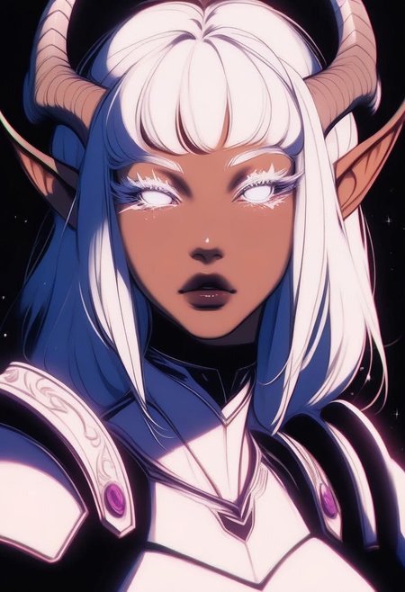score_9, score_8_up, score_7_up, masterpiece, best quality, highly detailed, source_anime, 1girl, solo, action pose, concept art, sharp lines, god_rays, stickys style:1.6, BREAK
1 girl, tiefling, fantastic 1girl, dark brown skin, white eyes, mascara, bold white eyeliner, eyelashes, long white hair, bangs, elegant, (white armor:1.4), white armor, sensual seductive face, black background, epic and grand, detailed face, detailed eyes
BREAK
focus on girl, Static Camera Movement, looking at viewer, heroic, elegant theme
<lora:xl_more_art-full_v1:0.8> <lora:GLSHS_-_V3N:1>, GLSHS, <lora:Vikings_StickyS_Lora:1>  <lora:SDXLFaeTastic2400:0.4>
