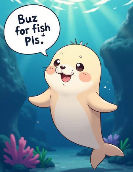 anime artwork cute seal speech bubble that says " buzz for fish pls " , . anime style, key visual, vibrant, studio anime,  highly detailed