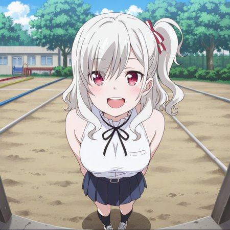 nsfw, masterpiece, best quality, 1girl, solo, warlords_of_sigrdrifa_komagome_azuzu, full body, standing, arms behind back, red eyes, one side up, open mouth, ribbon, looking at viewer, blush, sleeveless, shirt, smile, white shirt, bangs, bare shoulders, grey hair, teeth, hair ribbon, upper teeth only, white hair, neck ribbon, breasts, :d, side ponytail,  school, school playground, <lora:Komagome_Azuzu_-_Warlords_of_Sigrdrifa:0.7>