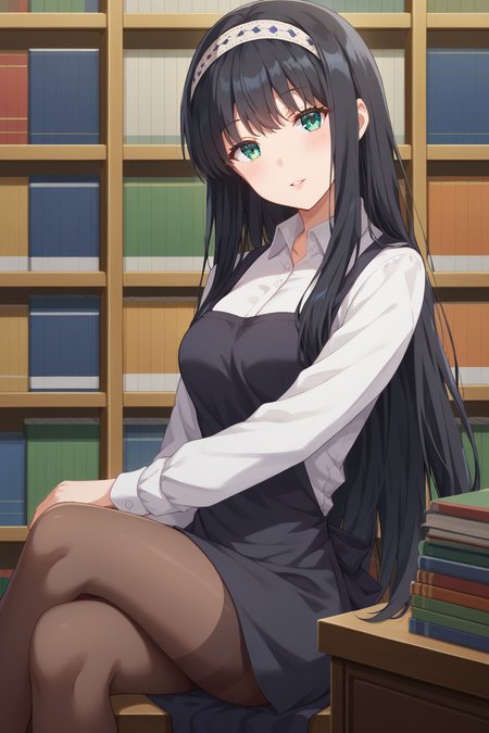 score_9, score_8_up, score_7_up, source_anime, 1girl, prefect lighting, very aesthetic, intricate details, highly detailed background, masterpiece, high quality, prefect hands, best quality, solo,
<lora:Shiori_Yomiuri_Days_with_My_Stepsister_V1:.85>, kjoshiori, green eyes, black hair, long hair, bangs, headband,
collared shirt, apron, black skirt, pantyhose, 
sitting, crossed legs, head tilt, parted lips, seductive smile, blush, looking at viewer,
Store, bookshelf, bookstore, 
(Beautiful, medium Breasts:1.2), natural breasts,