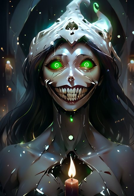 score_9, score_8_up, score_7_up,realistic,realistic style photo,cinematic light, film still,<lora:JuggerCineXL2:1.0>
rostran style, glowing, radiance, light art,horror (theme), eldritch abomination,detailed_eye_model
1girl, necromancer, undead, on her face there is a point where you can see her skull, solo,thin arms, narrow shoulders, petite, Black hair,wavy hair,glowing green eyes, cute, Kawaii,slim girl, Short,
 sharp teeth, evil grin, green sclera, glowing eyes,
Jed-Wtchc, witch outfit,  Pointed hat, black dress,  striped stockings, Side slit on the dress,
in a dungeon, stand on a giant werewolf skull, the skull is in the middle of a pentagram, candles, candle lights, green candle lights,