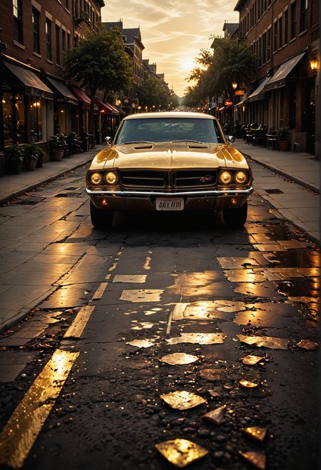 A nostalgically crafted relic of the past, a meticulously restored deep gold pearlescent classic 60's muscle car cruises through the dusk streets with an intimidating elegance. The vintage vehicle gleams with a lustrous sheen, showcasing its aerodynamic lines and sharp accents as it cruises along the asphalt. This evocative scene is captured in a vividly detailed oil painting, where every brushstroke highlights the car's classic styling and pristine condition. Impeccably rendered, this image transports viewers to a bygone era of automotive luxury and style.
OverallDetailXL <lora:SDXLFaeTastic2400:0.4> <lora:DetailMaximizer:0.55> detailmaximizer  <lora:SecretLab:0.8> secretlab