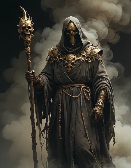 Portrait of deformed creature, friar in sackcloth robe, walking stick in hand, faceless golden mask, dark, monstrous character, Peter Mohrbacher, Agostino Arrivabene, HR Giger, low angle, menacing stance, dark environment, fog, smoke, black background, horror, hyperrealistic, 4K<lora:more_details:1> <lora:epi_noiseoffset2:1> <lora:Sinozick:1>