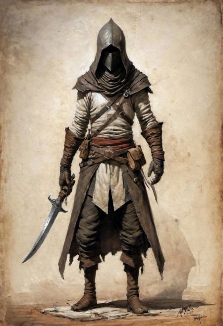 videogame art of (beggar clothes, human thief brigand, holding a iron rusty dagger,  wearing leather tunic, metal and cloth shaped helmet, sewn together), by Jean-Baptiste Monge and Nicola Samori, assassins' creed clothes