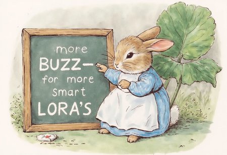 BPstyle, drawing, a rabbit teacher is holding a small chalk board with both hands, chalk writings: "more BUZZ for more smart LORa's".