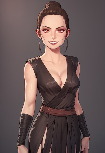 safe_pos, score_9, score_8_up, score_7_up, 1 girl, solo, Rey, solo, brown hair, brown eyes, sith rey, dark clothes, dark leather clothes, cleavage, evil smile, medium breasts, ((dark clothes)), red eyes, sleeveless, black clothes,