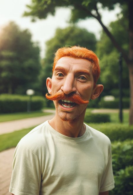 score_9, score_8_up, score_7_up, portrait, zy_nigel, solo, 1boy, teeth, facial hair, shirt, mustache, what, orange hair, open mouth, park , depth of field, highly detailed, high contrast, film grain, Rim Lighting , <lora:zy_Nigel_Thornberry_PonyRealism_v1:0.7>
