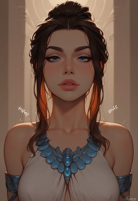 (score_9, score_8_up, score_7_up). ( line work, excellent drawing, highest quality, extremely detailed:1.2). 1woman, milf, Greek Goddess (((Nemesis))), perfect face, long lashes, glossy lips, seductive expression, femdom, dynamic angle, ancient greek dress, g0thicPXL, romantic, cinematic lighting, volumetric lighting, motion effects, source_cartoon, statuesque,