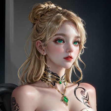 1girl, solo, full body, glossy skins, blonde hair, Her hair is pulled back, emerald-colored eyes, (make up), masterpiece, (best quality:1.4), [:intricate details:0.2], tattoos, more tattoos, extremely detailed face, beautiful detailed nose, realistic photo, high-quality, crisp, sharp, professional-grade, high-resolution, low noise, highres, 8k, uhd, saturated colors, high contrast, looking at camera, <lora:Egyptian cat girl(101):0.75><lora:RomanInterior:1>