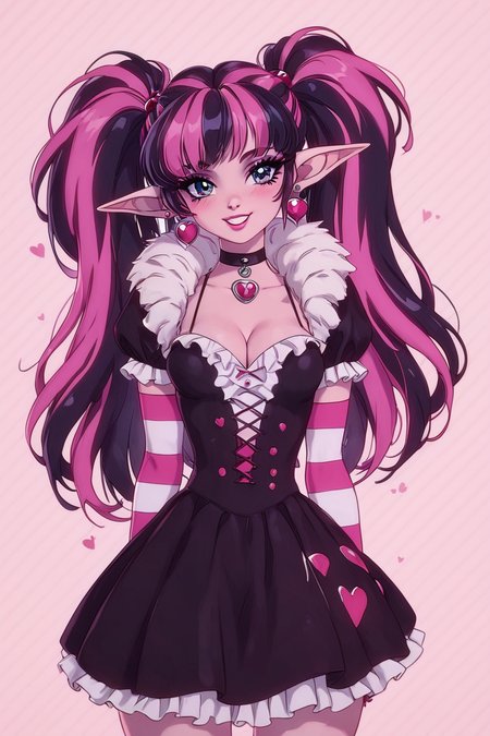 score_9, score_8_up, score_8, medium breasts, (curvy), cute, eyelashes,       BREAK, , zzDraculaura, black hair, twintails, multicolored hair, two-tone hair, streaked hair, long hair, pink hair, pointy ears, retro artstyle, 1990s (style),  cleavage, jewelry, heart, earrings, black choker, frills, striped, fur trim, makeup, heart earrings, striped sleeves, black dress,    <lora:NewDraculaura_PDXL:1.0>,, BREAK, smile, looking at viewer, cowboy shot, ,,, embedding:zPDXL, Expressiveh, ,,, <lora:Zy0n7_PDXL:0.8>, <lora:SDXLFaeTastic2400:0.5>, <lora:Expressive_H-000001:0.4>,