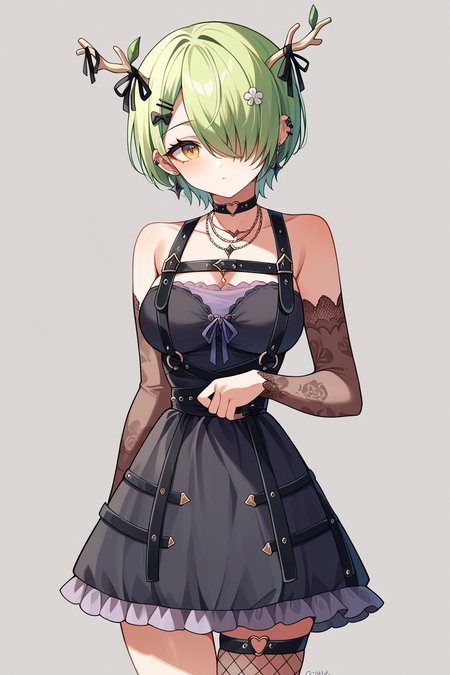 score_9,score_8_up,score_7_up,score_6_up,score_5_up,score_4_up,
1girl, ceres fauna, antlers, black heart o-ring choker, necklace, chest harness, short frilled strapless dress, black dress, see-through dress, crinoline, detached sleeves, lace sleeves, fishnet thighhighs, single legwear garter, heart o-ring thigh strap, spike ear piercing, earclip, earrings, short hair, hair over one eye, hair flower, hairclip, long bangs, breasts, horn ribbon, black nails, goth fashion,
white background, simple background, cowboy shot, solo, looking at viewer,
<lora:faunaponyxl2:1>