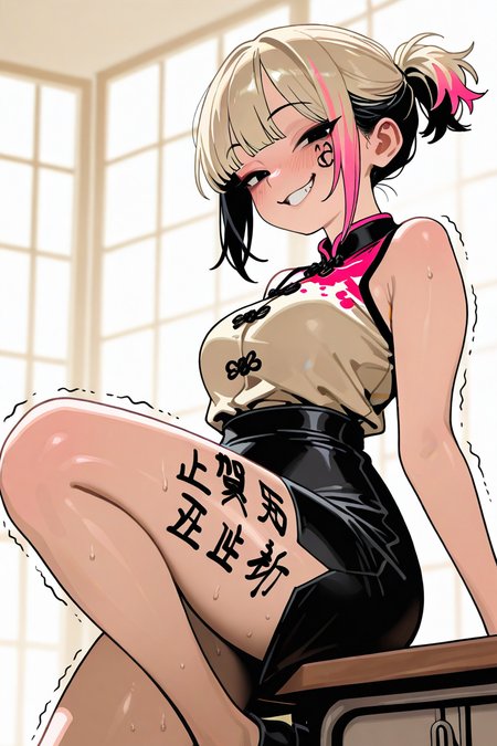 blonde short hair, pink highlights, double colored hair, short ponytail, bangs, asian woman, adult, black eyes, naughty face,   body writing,  trembling legs, climbing on table, 
flat muted color
gothic_glittercore