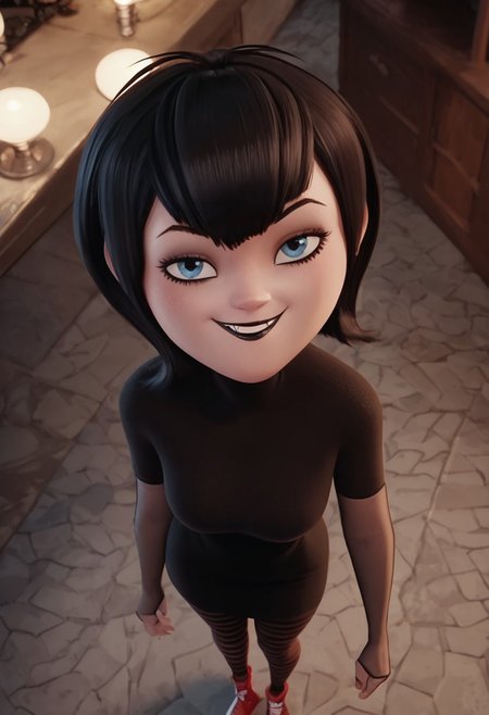 score_9, score_8_up, score_7_up, ultra quality, solo, 1girl, black hair, short hair, blue eyes, fangs, black lips, black nails, , black dress, grey elbow gloves, striped pantyhose, red sneakers, smug smile, butt focus, breasts, big hips, huge butt, bubble butt, curvy, narrow waist, standing, looking to the viewer, view from above, close up, screencap