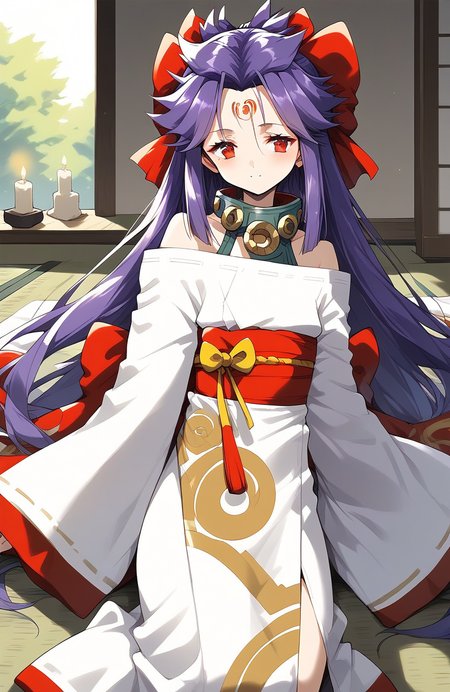 score_9, score_8_up, score_7_up, source_anime, rating_explicit, BREAK  <lora:kakurine_Ver2.1_XL:1> kakurine, facial mark, forehead mark, red eyes, purple hair, long hair, sidelocks, hair bow, collar, 
bare shoulders, japanese clothes, long sleeves, white kimono, Yellow swirl print,
tatami, room, candle, Japanese,