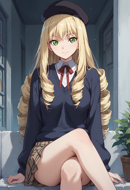 score_9, score_8_up, score_7_up, , score_ANIME , adilisia, 1girl, solo, blonde hair, green eyes, long hair, drill hair, pleated skirt, crossed legs,, black hat, black sweater, <lora:adilisia_pony2:0.9> breasts,  (cowboy shot:1.5),  looking at viewer, green eyes,  smile