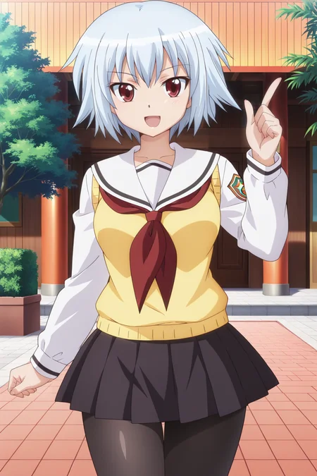 anime screenshot, ben-tou, 1girl, solo, yarizui sen, blue hair, short hair, red eyes, medium breasts, school uniform, serafuku, white shirt, long sleeves, white sailor collar, yellow sweater vest, black skirt, pleated skirt, red neckerchief, black pantyhose, looking at viewer, smile, open mouth, index finger raised, cowboy shot, outdoors, masterpiece, best quality, high quality, highres, absurdres,  <lora:yarizui_sen_ILXL:0.9>