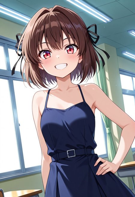 general,highres, ultra-detailed,very aesthetic,best quality ,best hands,best eyes,easynegative,
dynamic anglre, dutch angle, anime cloring,
1girl solo,looking at viewer,smile,school, indoors,hand on hip,teeth, 
Toire no Hanako-san no Sakurako-san,red eyes, brown hair, hair ribbon, small breasts, short body,Black bare shoulders dress,