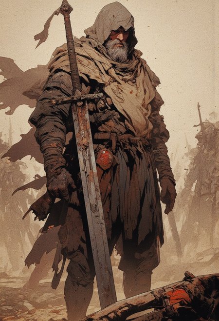 battle-worn warrior stands amidst a dense fog, gripping a massive, weathered sword. His face is covered in dirt and dried blood, his expression hardened by countless battles. His torn, ragged cloak flutters faintly in the wind, and his dark, tattered tunic clings to his muscular frame. The air around him is thick with dust and mist, obscuring shadowy figures in the distance. The atmosphere is heavy, evoking a sense of tension before an impending battle. The muted, earthy color palette and diffused lighting create a cinematic, moody aesthetic reminiscent of medieval epics and dark fantasy films. The warrior's silhouette is partially engulfed by the swirling mist, adding to the mystery of his surroundings. The composition focuses on the warrior's stoic determination, with a shallow depth of field that blurs the background, emphasizing his presence. The image is rendered in ultra-detailed 4K, capturing every scar, every crease in his clothing, and the gleaming edge of his sword, ready for battle. Inspired by *The Northman*, *Dark Souls*, and *The Last Duel*, this scene embodies the raw, gritty essence of medieval warfare and lone warrior narratives
,  anime, cyberpunk