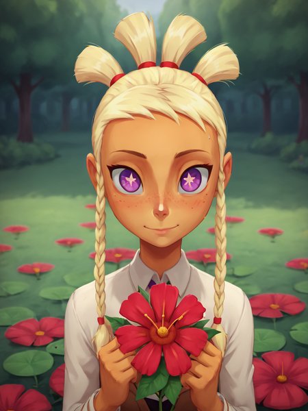 score_9, score_8_up, score_7_up,  score_6_up, BREAK, 4ddf10w3r, M4yd4y, 1girl, solo, symbol-shaped pupils, blonde hair, twin braids, looking at viewer, flower, leaf, hydrangea, <lora:Add_Flower_Nature:1> <lora:Mayday-000007:0.7>