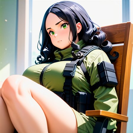 anime, best quality, (masterpiece:1.4), (high quality:1.4), sharp focus, 4k, absurd resolution, detailed hands, curly hair, long hair, (black hair:1.6), 1girl, mature female, (parted hair:1.7), (round face), (no_bangs:1.3), (no_fringe:1.6), <lora:ETO_OC_XL:0.7>, (thick eyebrows:0.9), (plump:0.8), round-chin, (greenish brown eyes), (brownish green eyes), caucasian, down-turned eyes, 1girl, (forehead:0.65), <lora:swat gear_xl:0.7> swat gear, weapon, (sitting on chair, chair)