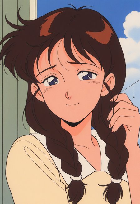 masterpiece, best quality, source_anime,official art,perfect_anatomy,1990s_\(style\),retro_artstyle,1girl,solo,Yu Izumi,brown_hair,long_hair,twin_braid,shirt,looking_at_viewer,shy,smile,upper body,day,blue_sky,cloud,bare
