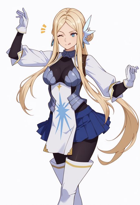 Smooth Quality,masterpiece,very intricate, high quality details, ultra realistic, high detailed skin,detailed enviorement,absurdres,
simple background, white background, dancing, solo,front view,
 <lora:Krishna_CNR:0.8> krishna_cnr, 1girl,blonde hair,very long hair,single hair bun, sidelocks, parted bangs, blue eyes, breasts,white hair ornament, earrings,armor, breastplate, armored dress, blue skirt, pleated skirt,white gloves, black pantyhose,white thigh boots,, ^^^,, ;q,