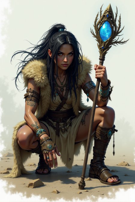 <lora:FANCHA_style:0.7> FANCHA style.
A fierce and mystical warrior crouches low, poised for action with an intense, determined gaze. Her attire is a blend of natural textures and tribal embellishments, with rugged, earth-toned clothing that has been worn and torn by countless battles and journeys. She wears a cloak lined with fur that drapes over her shoulders, providing both warmth and a sense of primal power, while feathers and beads are intricately woven into her flowing, tousled hair, hinting at a deep connection to the natural world. Her skin bears tattooed patterns along her arms, tribal designs that likely hold spiritual significance or signify past victories. In her hand, she wields a staff adorned with peacock feathers and an intricate carving that cradles a luminous, swirling blue crystal, radiating a soft, magical glow. The staff's design is organic and wild, as if it were crafted directly from the branches of an ancient, enchanted tree. Tendrils of energy seem to pulse from the crystal, casting a faint, ethereal light that illuminates the warriorâs fierce expression. Her stance is low and grounded, with one knee bent forward and the other leg extended back, as if ready to spring into action or cast a powerful spell. The faint shadow beneath her suggests movement, hinting at the speed and agility she commands. Her face is painted with blue war markings, adding an extra layer of intensity to her already fierce expression. The background is kept minimal and misty, putting full focus on her presence and allowing the striking details of her attire and weapon to stand out. Altogether, the scene exudes a raw, elemental power, portraying her as a protector of ancient secrets and a master of both physical and mystical forces, seamlessly blending warrior strength with shamanic wisdom.
