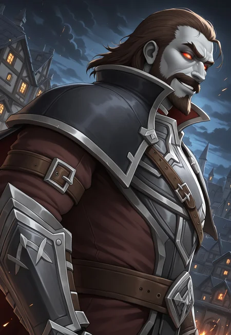 masterpiece, best quality, amazing quality, NathanosBlightcaller, grey skin, red eyes, glowing eyes, medium hair, facial hair, beard, cape, brown hair, armor, looking at viewer, smirk, upper body, gauntlets, belt, dynamic pose, night, dilapidated old town, detailed background, bloom, dutch angle, sparks, dark clouds, side view,