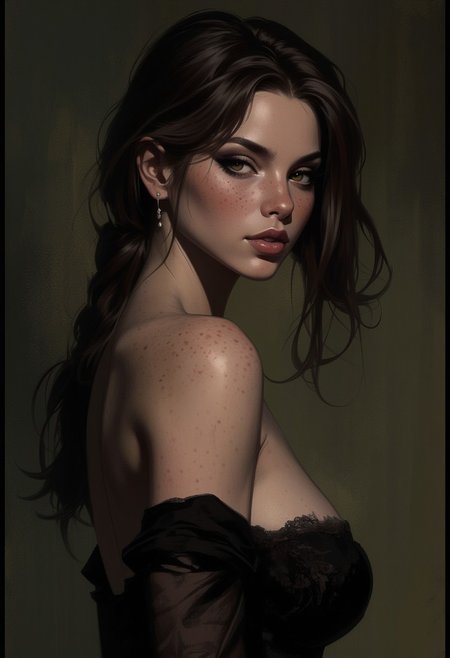 digital painting of petite lascivious female  in provocative and outrageous manner, young, freckles, extraordinary, aesthetic, artstation, concept art, smooth, sharp focus, enigmatic, captivating, alluring, sensual, erotic, b74_aes, rogi,
