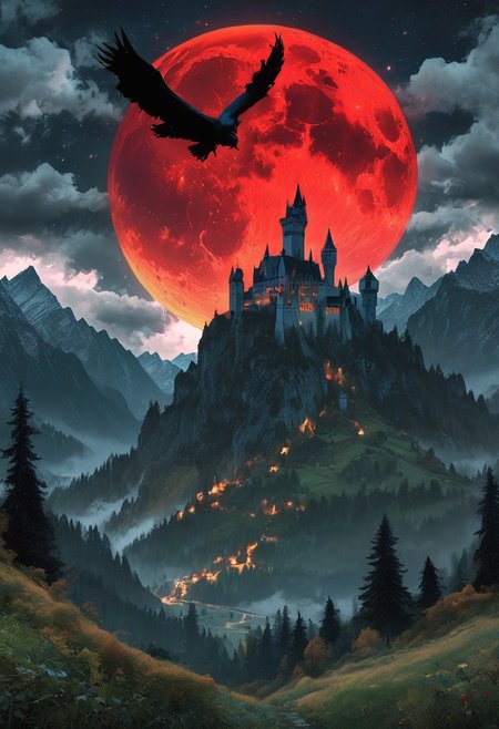 A captivating night scene illustration featuring a forboding and haunted castle on a great  great mountain. The castle and mountain are much like Neuschwanstein Castle in Bavaria.  This enchanting artwork captures a dark and ominous night, where an ominous red bloodmoon hangs above  over the  tree covered mountain range and castle which  stands resolute amidst the great mountains, winged flying creatures flying around, creating a cinematic experience., illustration, cinematic
<lora:DonM3t3rn1tyXL-v1.1:0.7>, DonM3t3rn1tyXL,
OverallDetailXL  <lora:MJ52:0.3>  <lora:SDXLFaeTastic2400:0.4>  <lora:EpicF4nta5yXL:0.7>